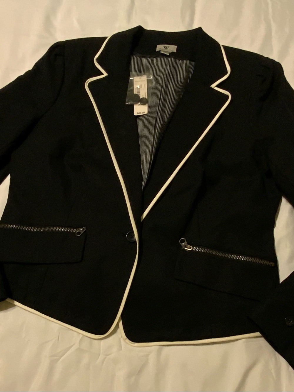 NWT Worthington Black Blazer White Piping Blazer Zipper Pockets Large - Picture 3 of 8
